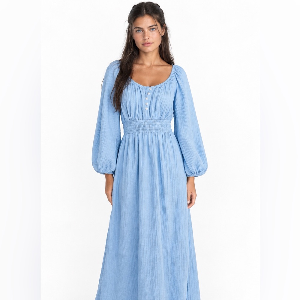 J. Crew Baby Blue Cotton Gauze Long Sleeve Smocked Waist Maxi Midi Dress Medium